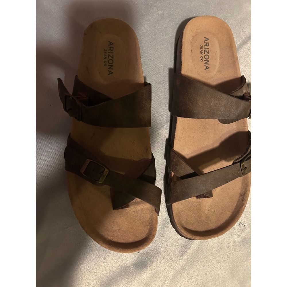 Arizona Jean Co Womens Brown Strappy Buckle Cork Footbed Slide Sandals Toe Loop